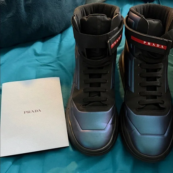 Prada Polarius Futuristic Black Iridescent High Top Sneakers Men's Size 12 - Picture 3 of 9